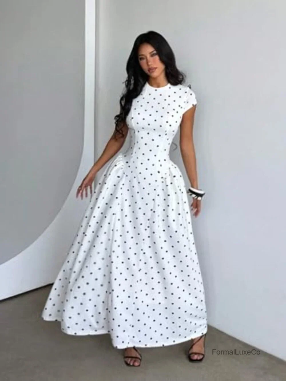 TELUPDI Womens Polka Dot Corset Maxi Dress Pleated A Line Formal Party